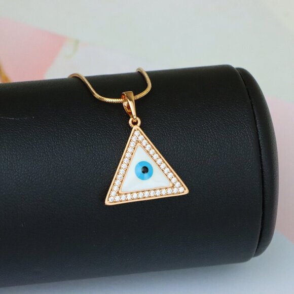 "Triangle Evil Eye Rose Gold Pendant with Cubic Zirconia Border, XPPT1474 - Picture 7 of 13